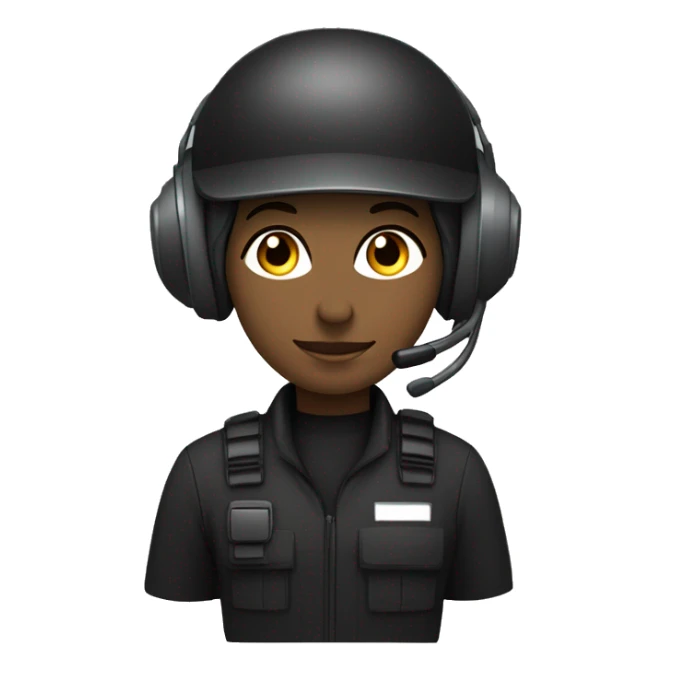 operator dressed in black with a milatary helmet, without glasses, wearing a headset, ready to respond to alerts, preferably female white sticker