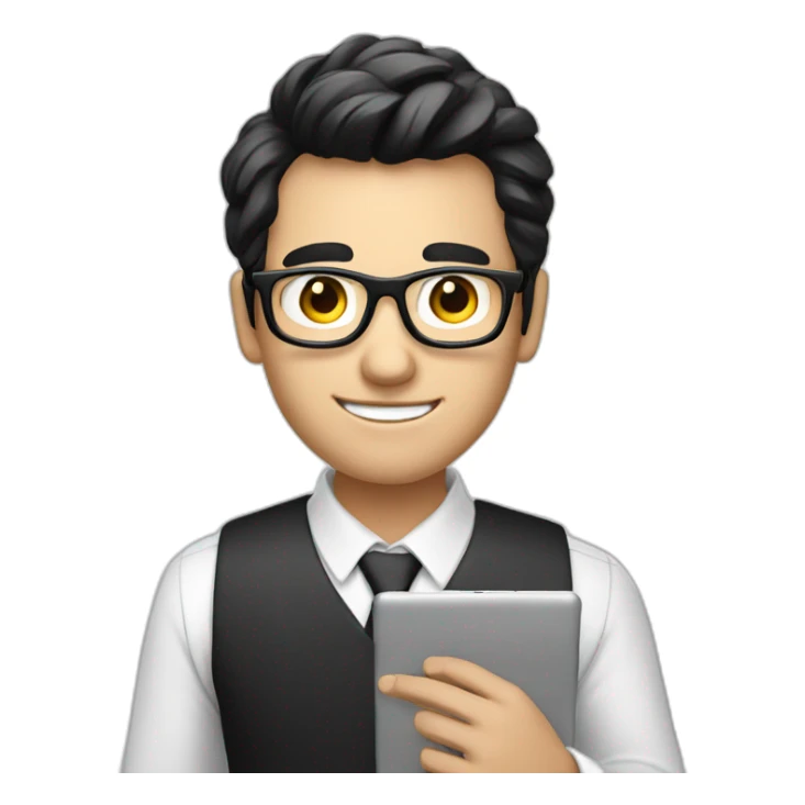 male virtual assistant with a smiling  holding a digital tablet or stylus wearing eye glasses black hair sticker