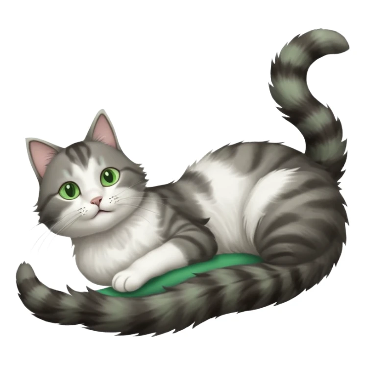 grey and white cat with green eyes doing a big extremely long stretch reaching up into the air with arms and legs side by side together straight and overextended whilst lying on its side sticker