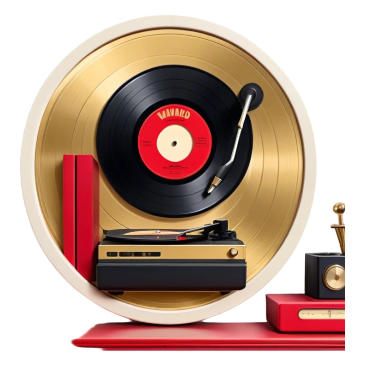 Icon for Vinyl Record Collecting: large black, golden and red vinyl records in decorative packaging featuring artist images, neatly arranged on a wall or shelf, modern vinyl record player. The icon should reflect the aesthetic and artistic aspect of collecting vinyl records. Transparent background. sticker