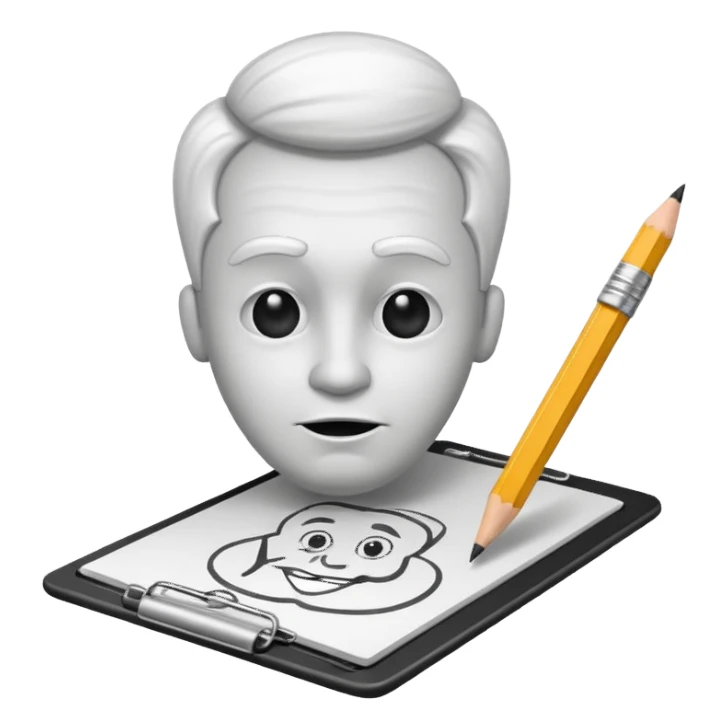 Create an icon representing the process of creating a black-and-white caricature. Include a pencil, a sketchpad with a humorous, exaggerated figure, and inking tools. Use bold lines and shading, with a transparent background. sticker