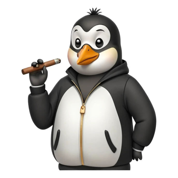 friendly anthropomorphised penguin wearing a mafia-style tracksuit, holding a cigar, secretive scheming pose, soprano vibe sticker