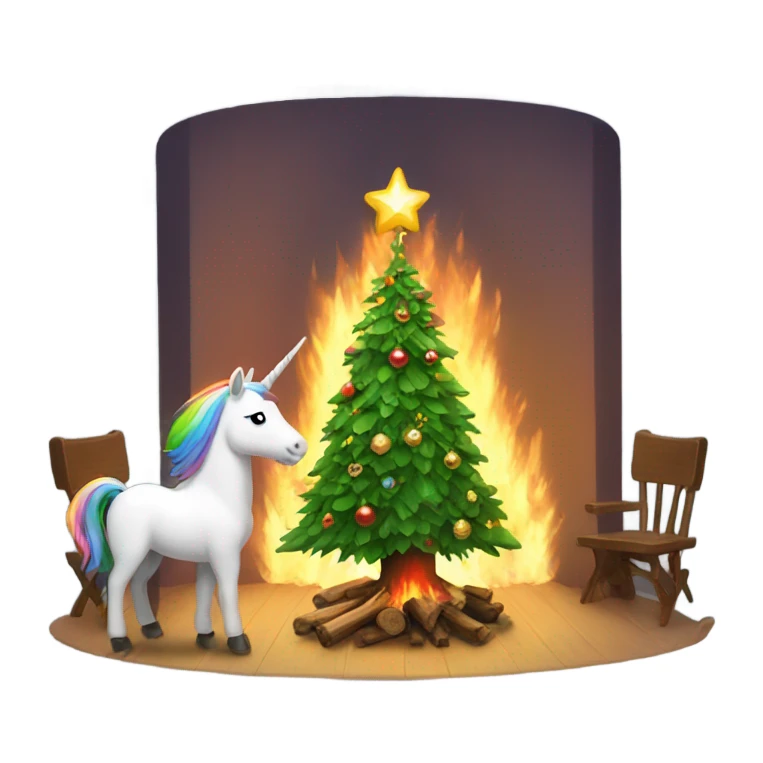 Christmas tree watching a fire with a unicorn.  sticker