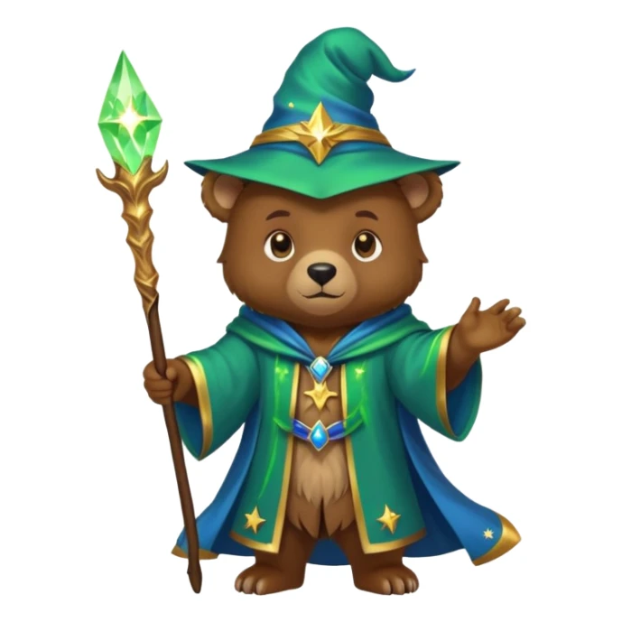 A young bear wizard with a glowing green spell, golden staff and starry blue robes sticker