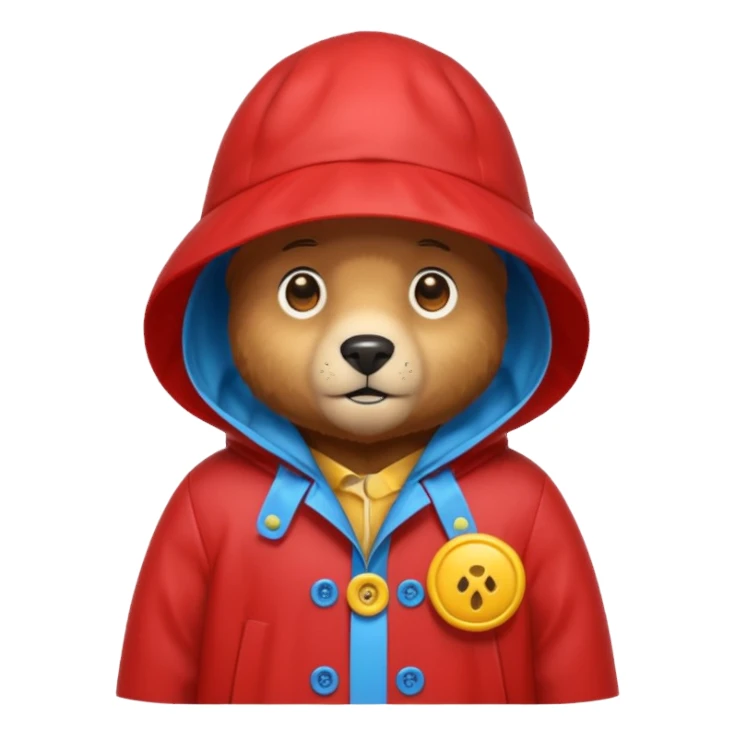 A bear in a red rain hat and a blue raincoat with yellow buttons down the middle sticker