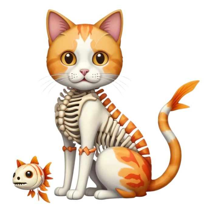 cat full body sitting with fish skeleton in mouth sticker
