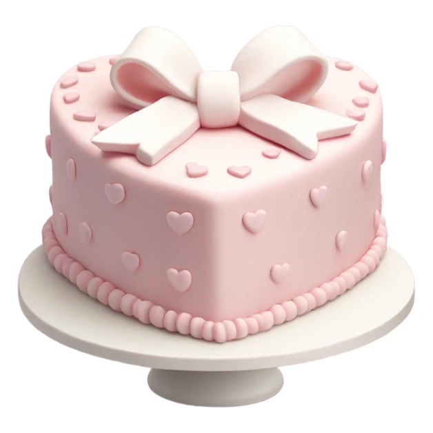 Pastel pink heart shaped cake with fancy white icing and bows sticker