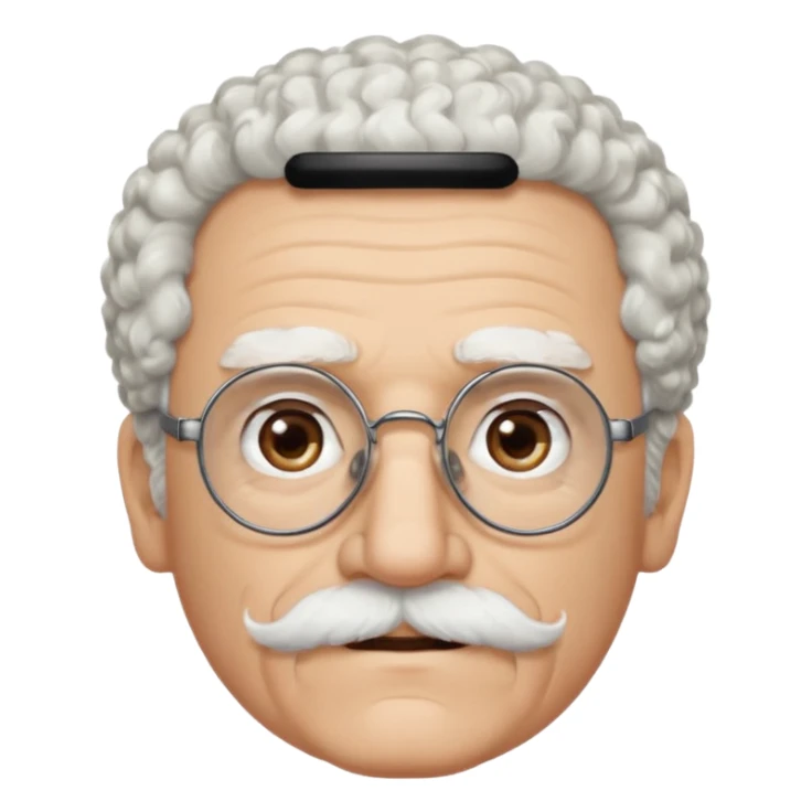 An elderly man emoji with light skin, fluffy curly white hair, thick white eyebrows, brown eyes behind black-framed glasses, a small nose, and neatly groomed white facial hair — a mustache and a short goatee. sticker