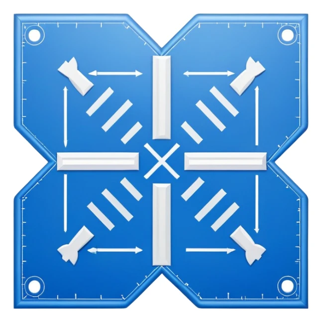 blue blueprint with white lines, an X mark in one corner and a dotted path leading to the mark sticker