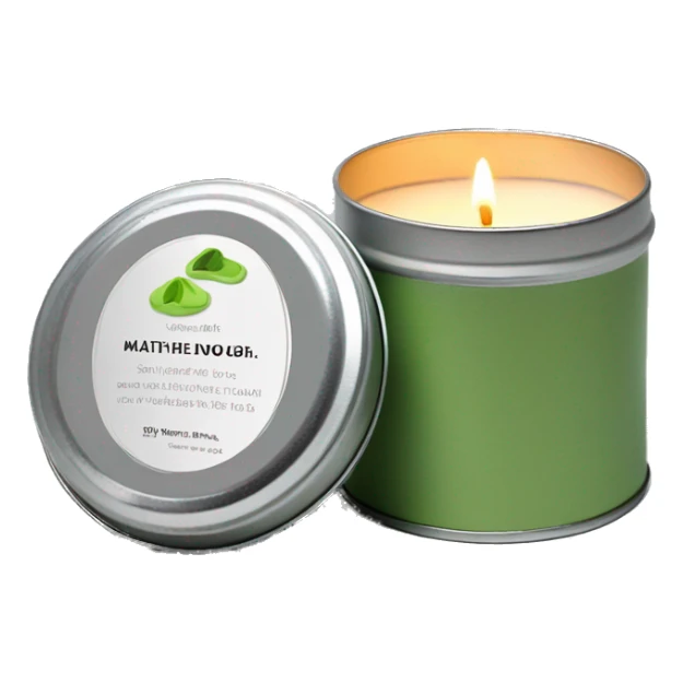 realistic, lit matcha scented candle, silver tin, small white label, text sticker