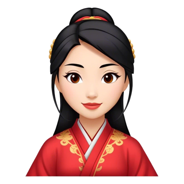 Cinematic Realistic Radiant Mulan Portrait, presenting Mulan with a warm, confident smile and lifelike light-toned skin that appears almost luminous under natural daylight. Her sleek black hair is rendered in meticulous detail, and her traditional robe—accented with understated red highlights—is depicted with realistic fabric textures and folds. The overall image exudes a gentle, inviting glow, high shine, and refined detail that captures her poised elegance and inner resilience in a painterly, authentic style. sticker