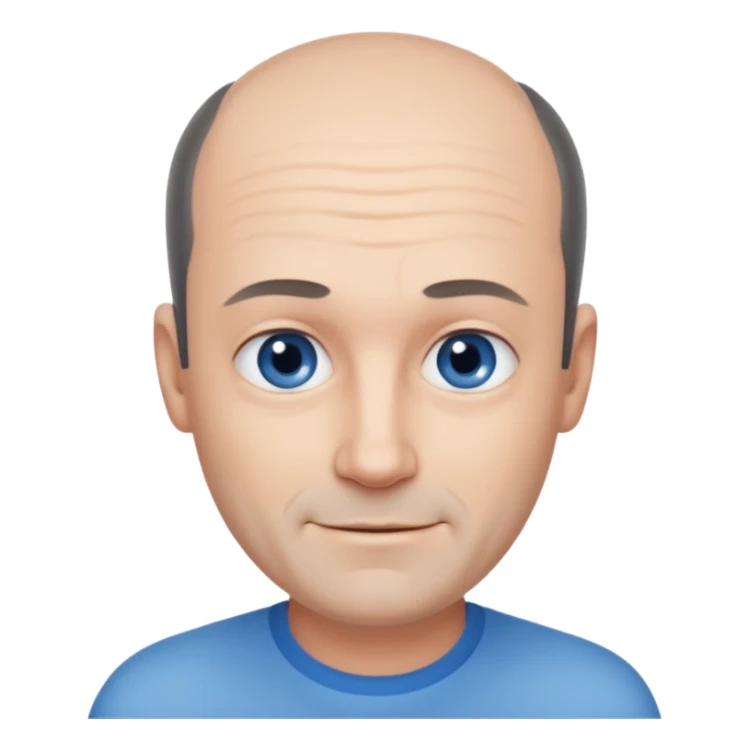 Middle aged man with black-greyish receding hairline, small blue eyes, clear face, shy smile sticker