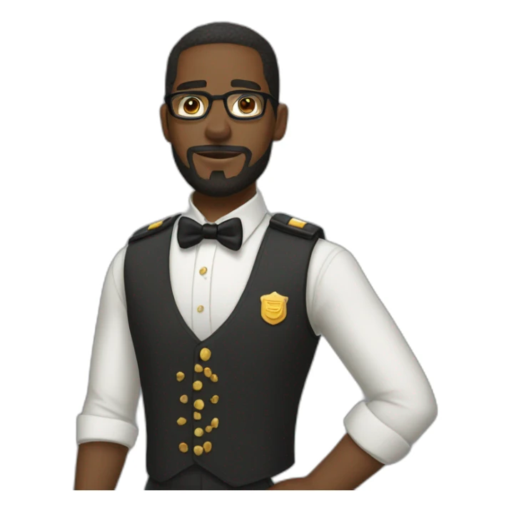 black soldier with beard, part in hair, white collared shirt, bow tie, gold glasses, bulletproof vest  sticker