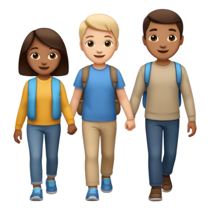 iOS emoji style. 2 friends and a child walking and talking.  sticker