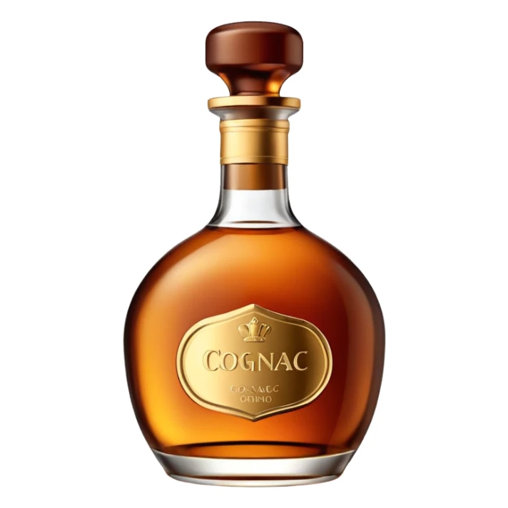 bottle of cognac, small elegant glass bottle with amber-brown liquid, rounded or classic tapered shape, short neck, gold or dark cap, clear slightly reflective glass, rich color of spirit, minimal or blank label, clean 3D look, soft lighting, no glass or extra elements, no faces, emoji scale sticker