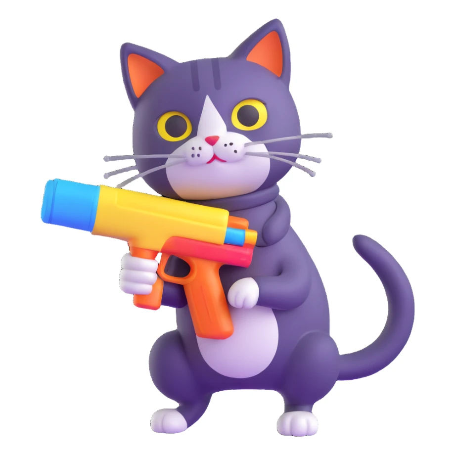 cat with a cartoonish water gun sticker
