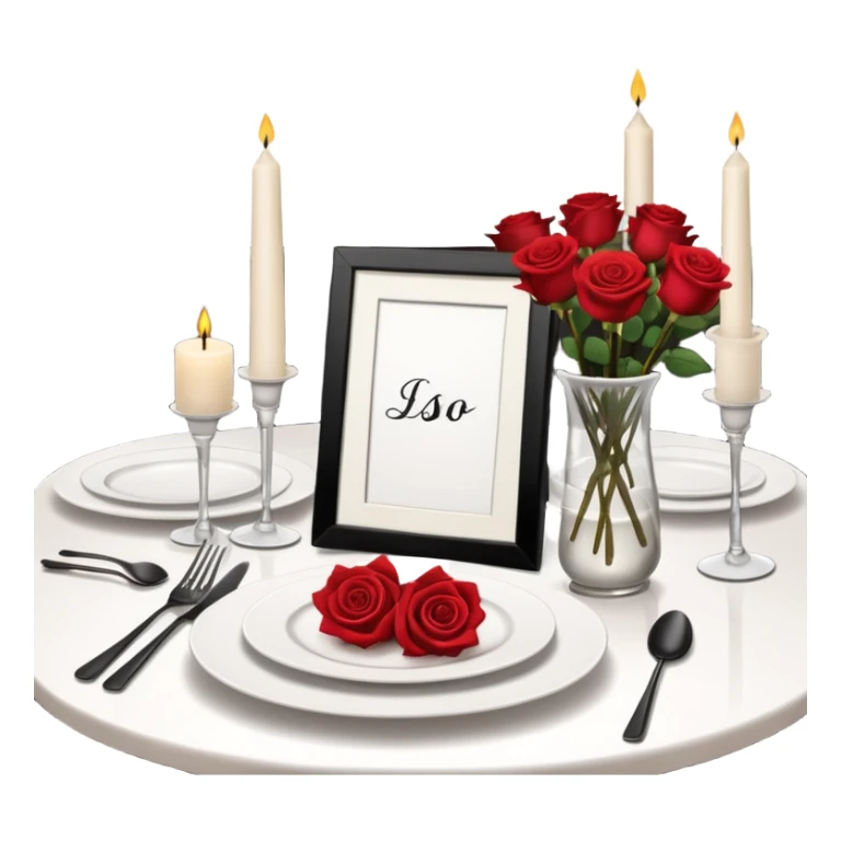 a chic restaurant, on the table there is a set of beautiful white dishes, candles are burning, next to it there is a bouquet of roses sticker