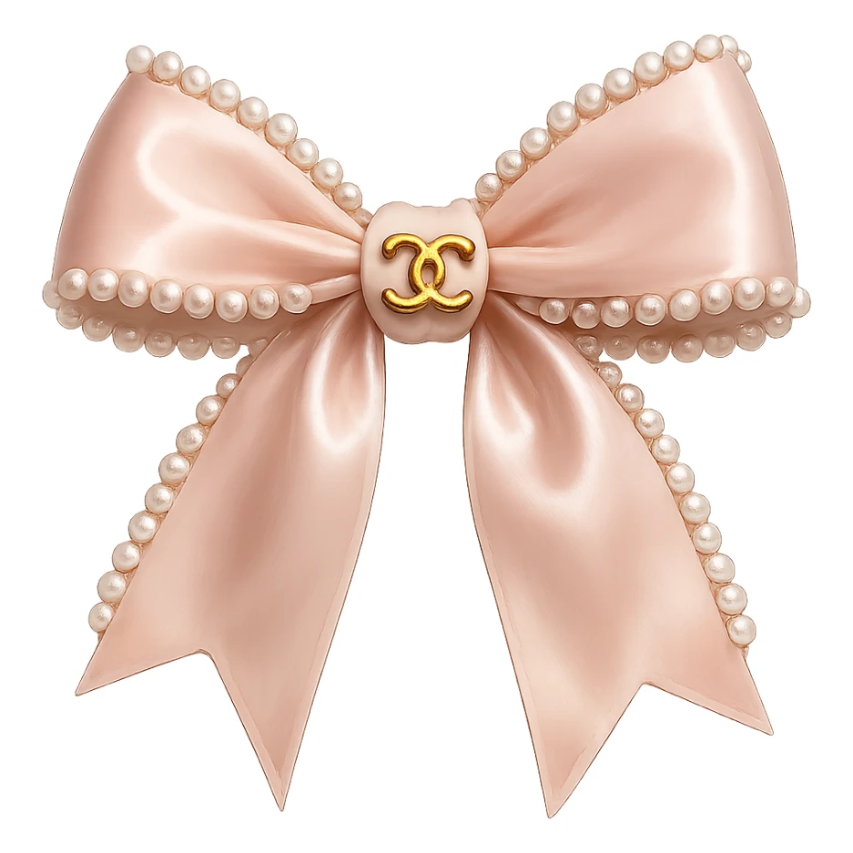 Remove the background, keep only the elegant bow with pearls and gold Chanel logo, glossy, pastel colors, realistic style, with no background. blackpink sticker