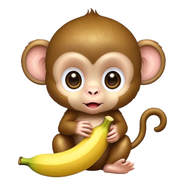 extremely adorable kawaii baby monkey with huge sparkly eyes peeling a banana sticker