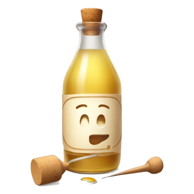 bottle of vinegar with the cork and a nozzle; spoon is laying neat the bottle sticker