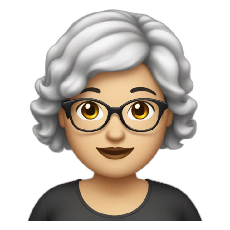 A chubby white young woman with black hair glasses and smiling sticker