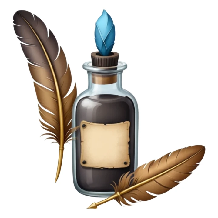feather quill and ink bottle, soft painterly textures, whimsical and creative sticker