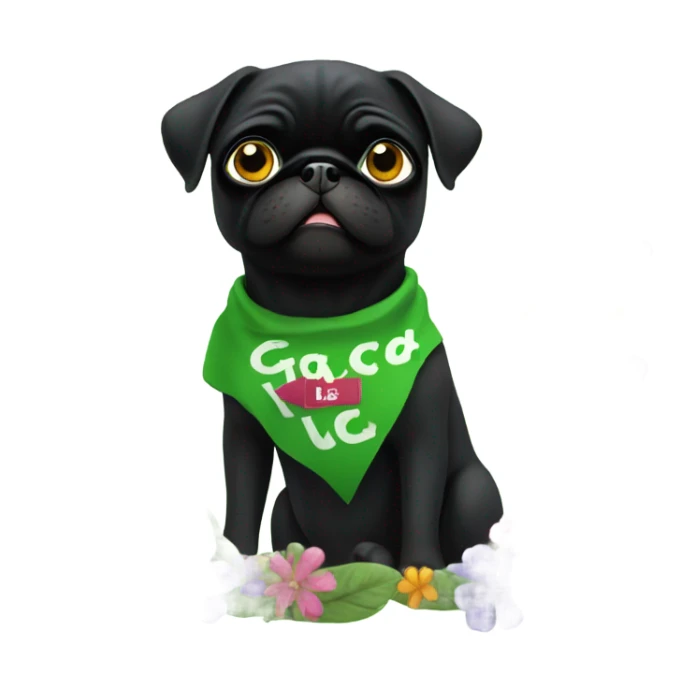 Black pug , surrounded by flowers, holding a green sign that says “good luck”  sticker
