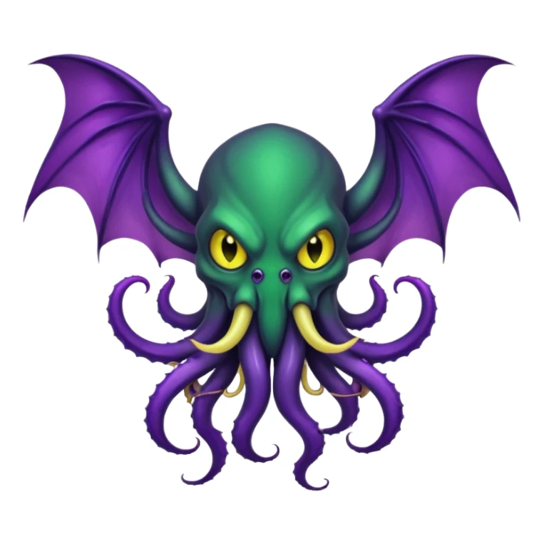 deep green Cthulhu with purple bat wings and purple gradient tentacles. Yellow angry eyes. yellow suckers on tentacles. dramatic ominous shading. two saber-teeth sticker