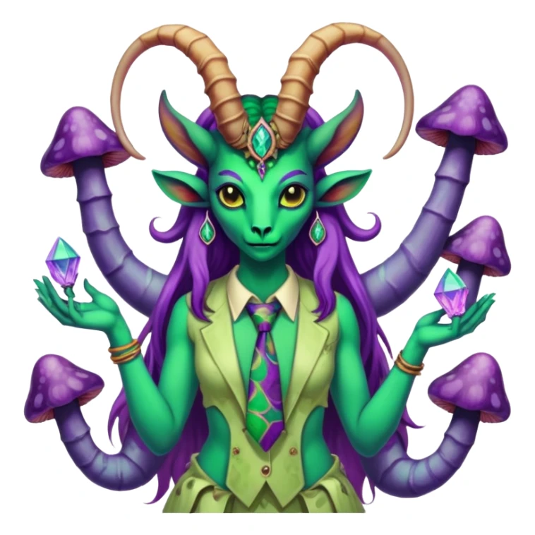 Feminine green and purple Scorpio Baphomet standing among trippy tie-dye mushrooms.. she’s holding a crystal in one hand and  holding a scorpion in the other hand sticker