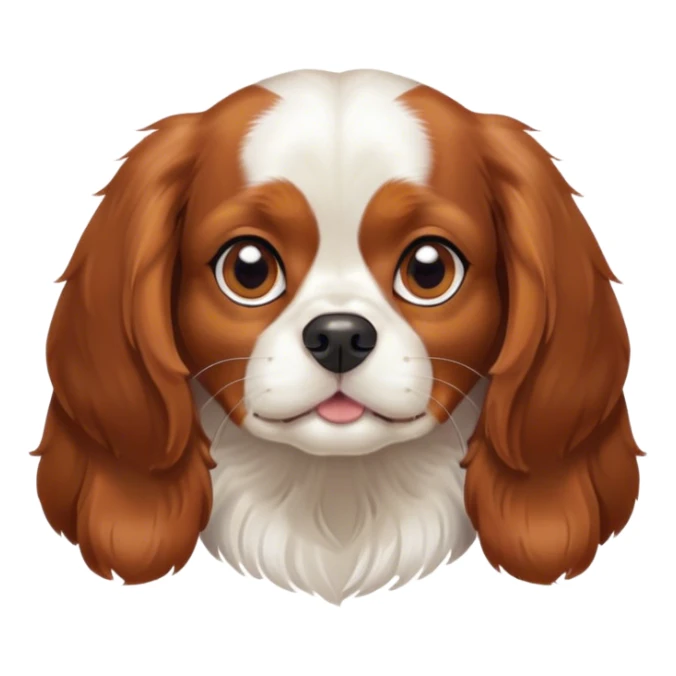 Cinematic Cute Blenheim Cavalier King Charles Spaniel Portrait Emoji, Head tilted playfully and inquisitively, silky Blenheim coat with warm chestnut and crisp white patches, round, sparkling brown eyes filled with curiosity, Simplified yet irresistibly adorable features, highly detailed, glowing with a warm, friendly glow, high shine, affectionate and lively, stylized with a touch of whimsy, bright and endearing, soft glowing outline, capturing the essence of a mischievous yet loving pup, so playful it feels like it could pounce out of the screen and into your arms! sticker