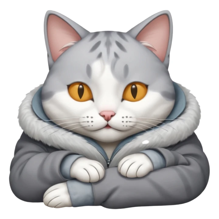 grey and white small cat with its eyes closed lying down with his head leaning on his paw sticker