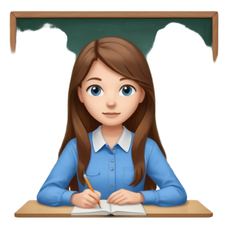 high school class room with a pretty female high school student with long brown hair, blue eyes sitting in front of the blackboard sticker