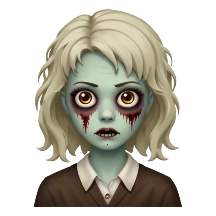 Cabelo ondulado  um pouco cheio e franja curta  Olhos marrons e pequenos e feita d ezumbi sticker