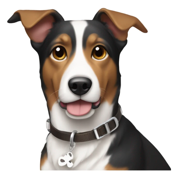 Black white and brown tri colored dog  with floppy ears wearing a T initial collar  sticker