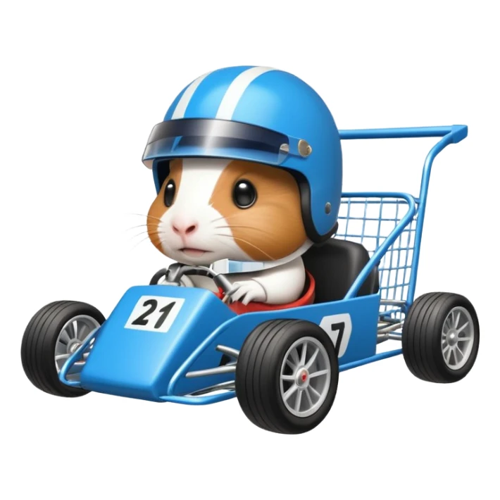 Racing drift car whose frame and suspension is made of shopping cart material is being professionally steered driven by a small thin Guinea pig  sticker