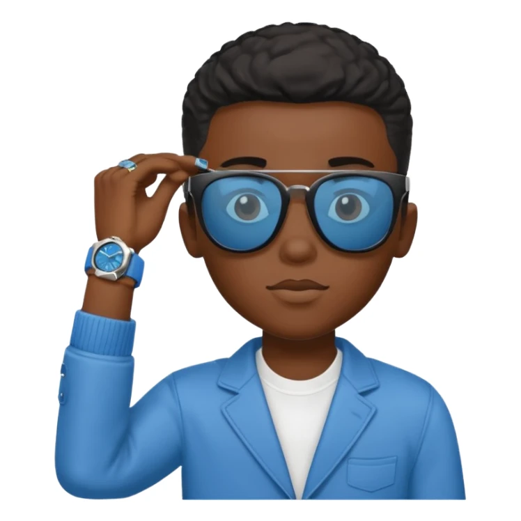 Un garçon noir avec des lunettes de soleil un peu bleu avec un cadran plutôt carré et SANS QU’ON VOIT SES YEUX. Et au dessus de sa tête il y a écrit BOUSs on dois pas voir ses yeux sticker