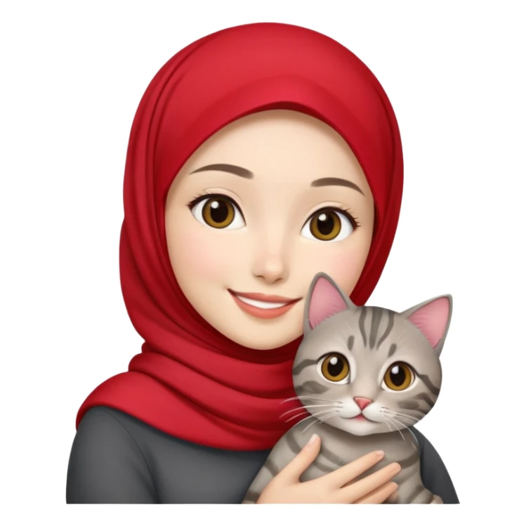 Asian White girl wearing red hijab holding a black grey tabby cat while smiling.  sticker