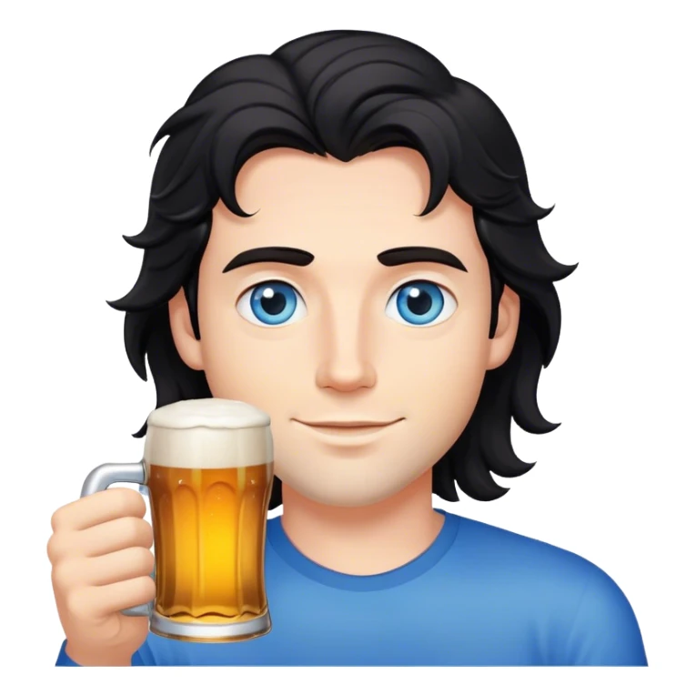 white guy blue eyes wavy black hair holding beer sticker