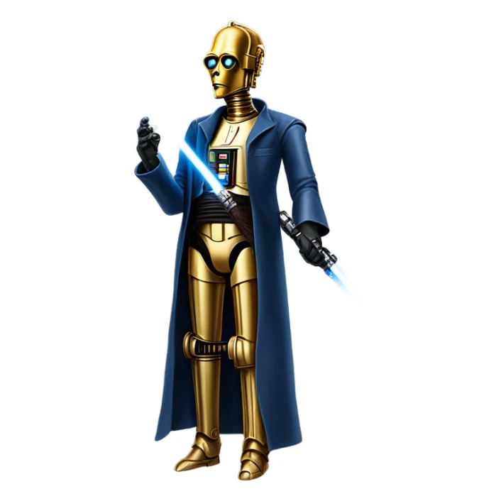 undercover tough well-equipped jedi first order life-sized darkblue-pearl C3po as a friendly bounty hunter droid wearing a leather clothing old west duster coat holding light saber sticker