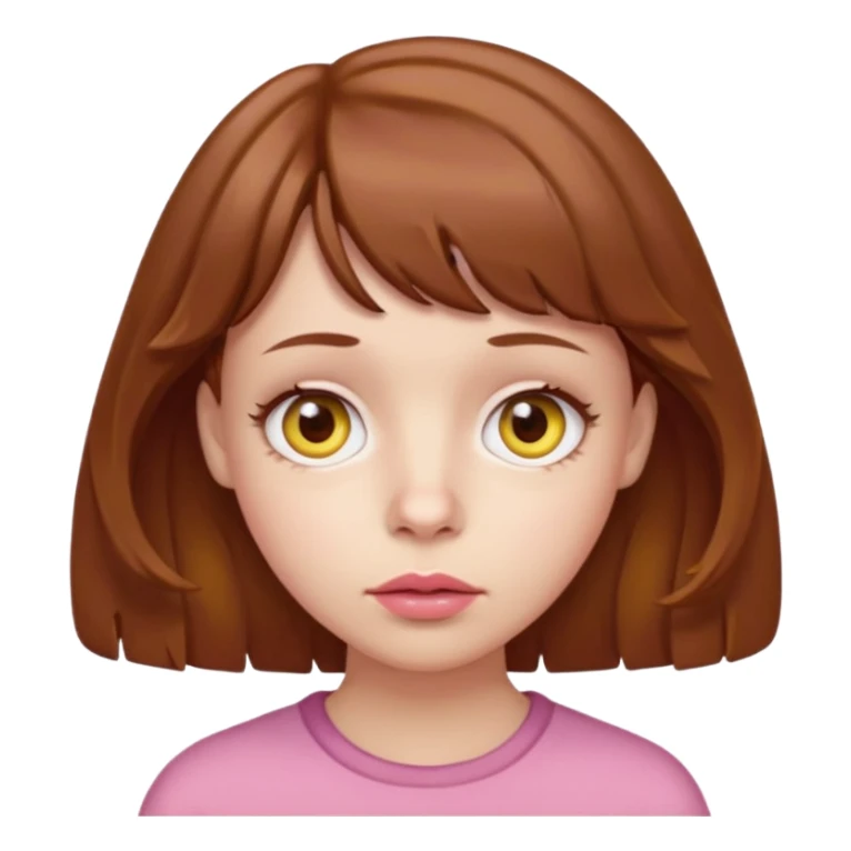 FAÇA UMA PERSONAGEM FOFA COM NARIZ DE BOLINHA AVERMELHADO CLARO E ZUMBI CABELO MARRON ONDULADO E FRANJA CURTA   COMO SE NÃO SOUBESSE OQ FEZ LÁBIOS CLAROS FECHADOS E OLHOS AMARELOS sticker