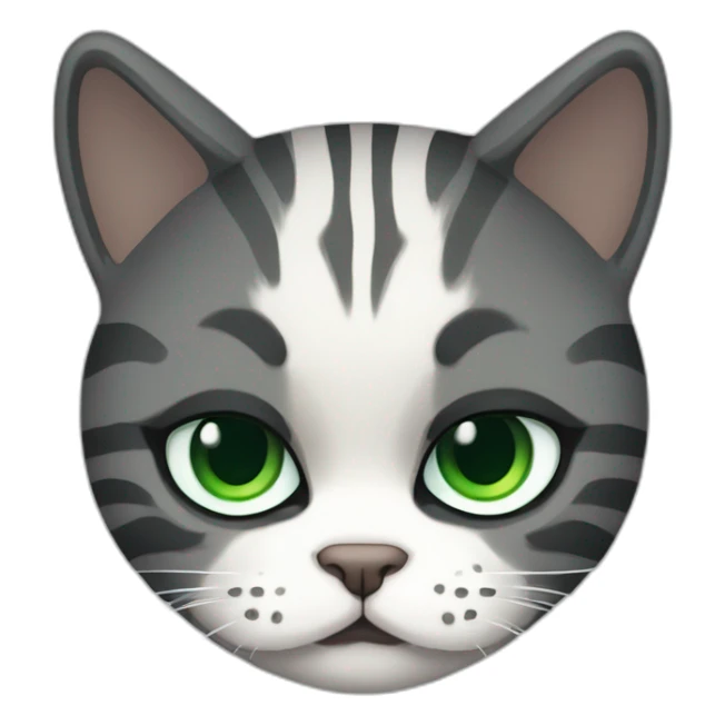 Grumpy Chubby Striped dark grey female cat with Green eyes and white chest sticker