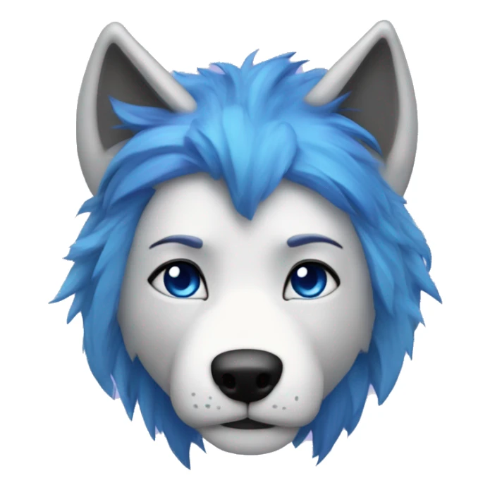 make me a wolf with blue hair on top with purple ears with blue eyes blue nose gray and white face with warm thing around his neak thats makes hime warm that is blue and black sticker