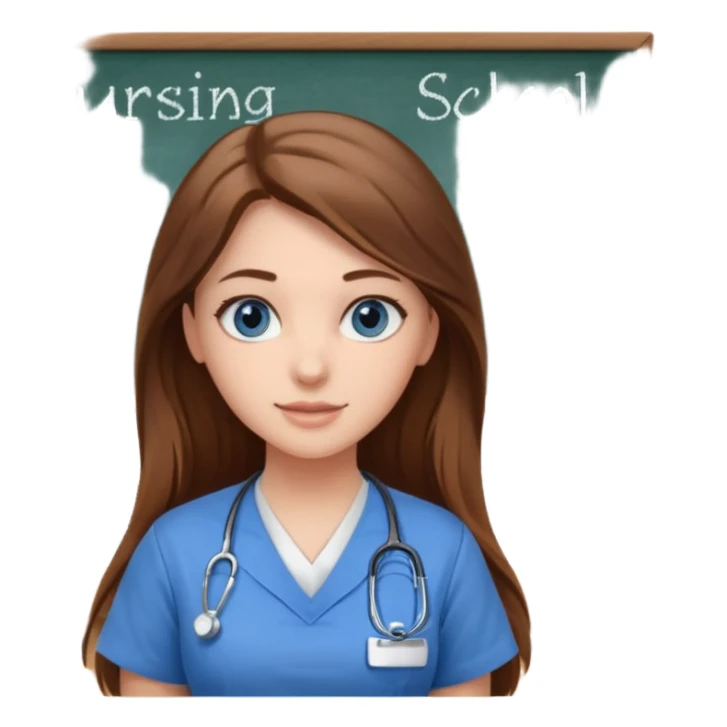 inside a classroom at university that says nursing school on the board with a pretty female nursing student with long brown hair, blue eyes sticker