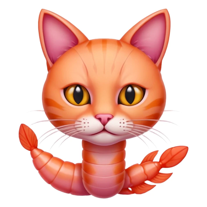 shrimp with a cat head, pink shrimp body with orange cat face sticker