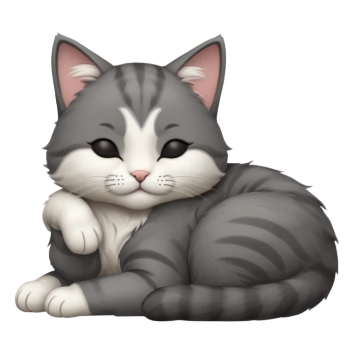 dark grey and white small cat with his eyes closed, leaning his head on his paw while leaning on his elbow lying down sticker