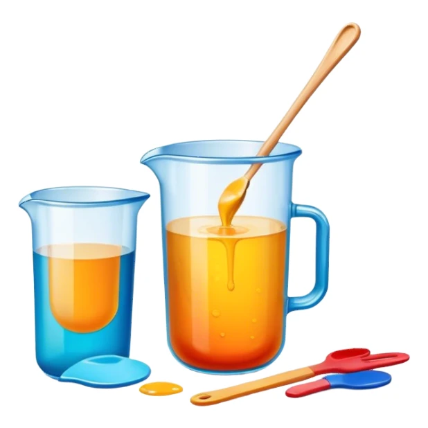 Epoxy resin icon, resin pouring over a surface, visible measuring cups, stirring sticks, and protective gloves, colorful patterns or designs forming as resin hardens, minimalistic style, clean lines, transparent background. sticker