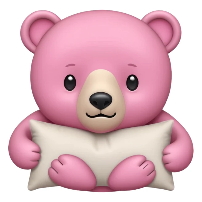 pink bear ready for a pillow fight, holding a pillow, flat minimal rounded shapes, simple face, cute and playful, iPhone emoji style, no text sticker