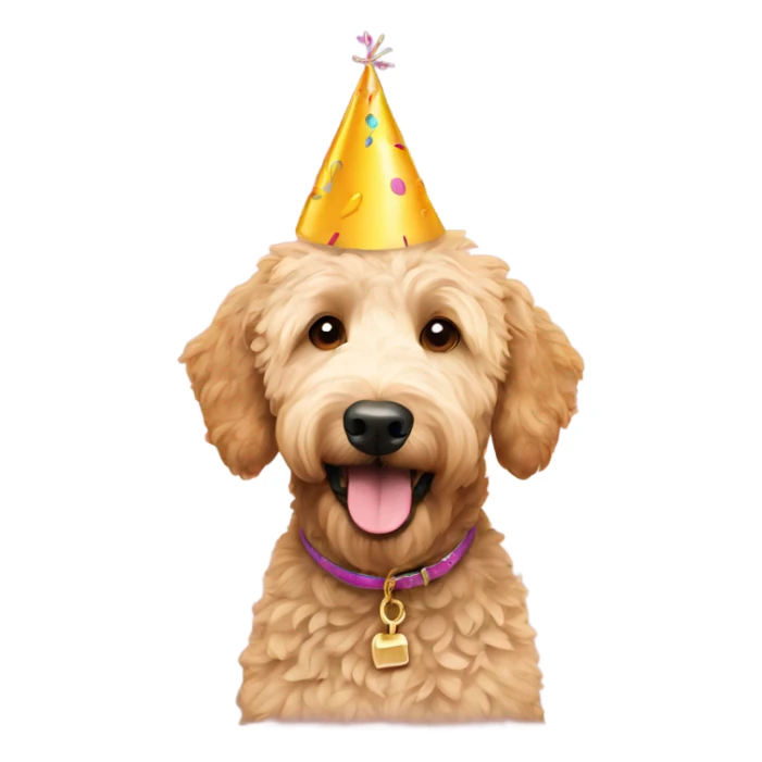 golden doodle with a birthday hat sticker