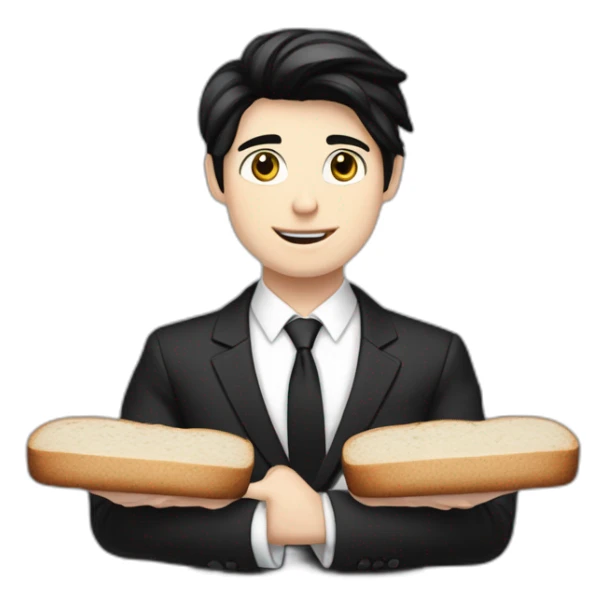 Full height Pale skinned Fit Man With black hair and medium black bread in classic black suit, white office shirt. Thrumbs of his palms directed up sticker