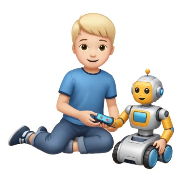 Little boy playing with toy robot on the floor sticker